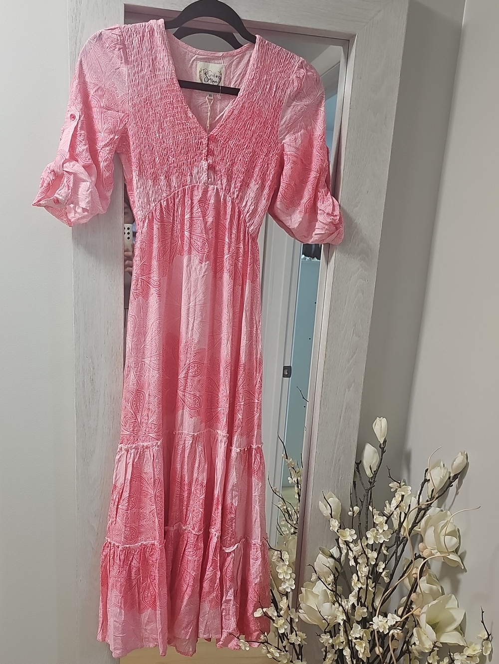 Smocked Pink Tiered Midi Dress with V-Neck, Boho Style, XS